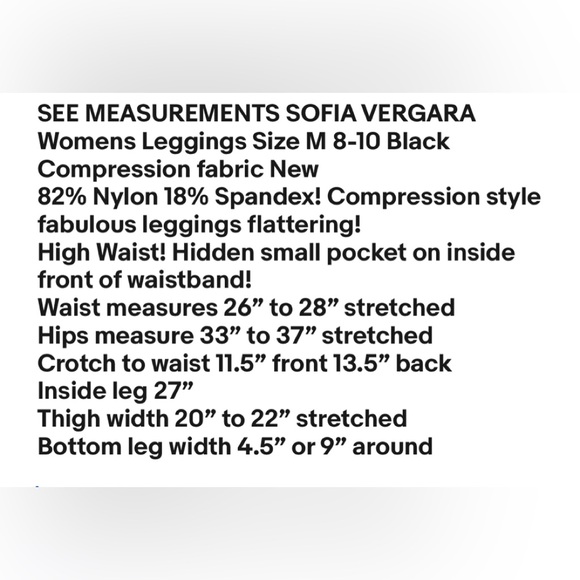 SOFIA VERGARA Womens Leggings Size M 8-10 Black Nylon Spandex Hidden Pocket NWOT - Picture 5 of 5